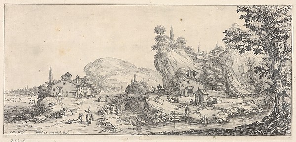 Walking and mounted figures surrounding a river traversed by a bridge, with a hilly outcrop and windmill, from the series 'Italian landscapes' (Diverse vedute designate in Fiorenza / Paysages italiens)