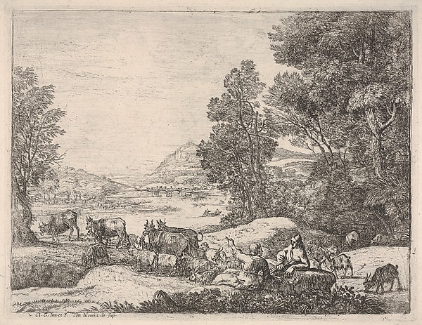 Shepherd and shepherdess conversing in a landscape, with a bridge in the background