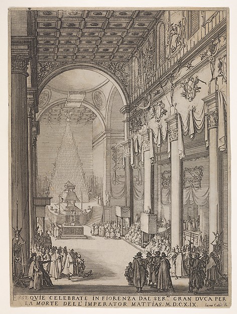 Catafalque of the Emperor Mathias with performance of funeral inside the Church of San Lorenzo, Florence