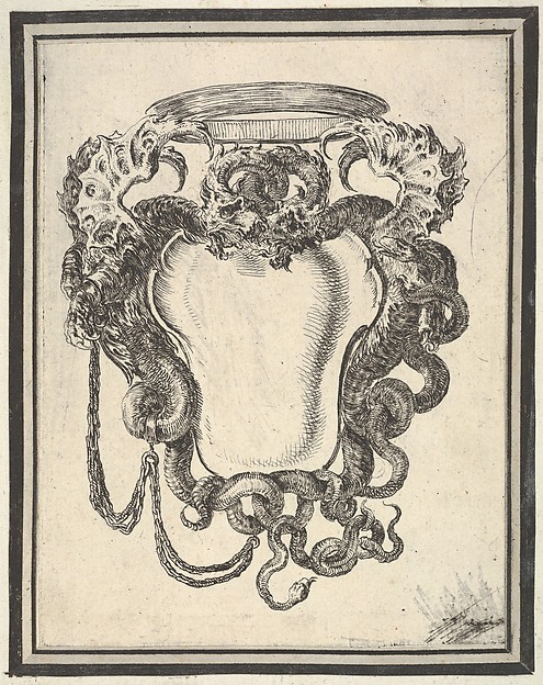 Plate 8: a cartouche flanked by dragons, their tails supporting a crown at top, from 'Nouvelles inventions de Cartouches'