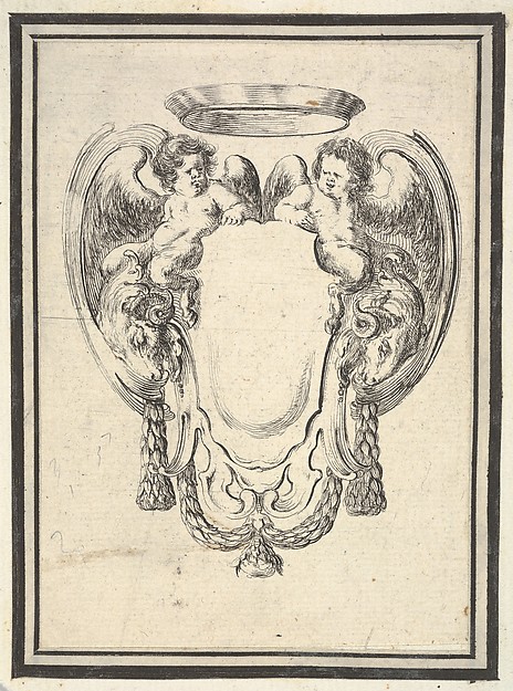Plate 12: a cartouche flanked by two winged infant satyrs riding on the heads of two rams, from 'Nouvelles inventions de Cartouches'