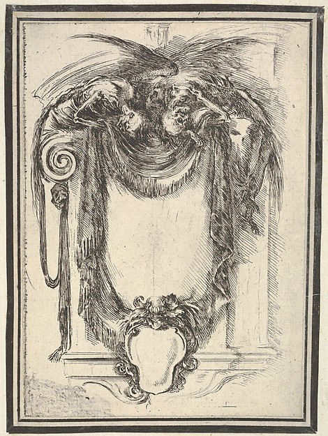 Plate 10: a cartouche formed by drapery and topped with two skeletons atop an Ionic entablature, from 'Nouvelles inventions de Cartouches'