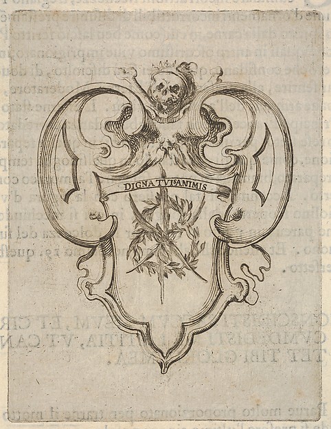 A cartouche with a wreath of laurel and palms, a skull and crossbones at top, from 'Eight Emblems for the Funeral of Francesco de Medici' (Huit emblèmes pour les funérailles du prince François de Médicis)