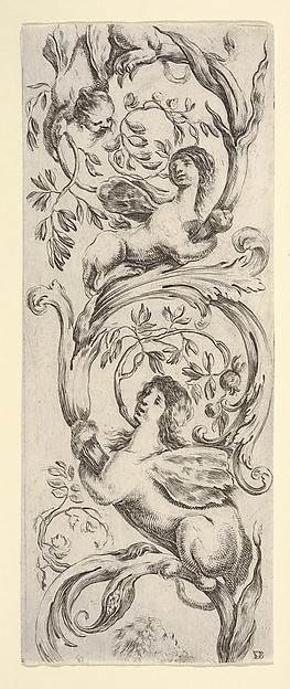 Three sphinxes climbing a vine, from 'Ornaments or Grotesques' (Ornamenti o Grottesche)