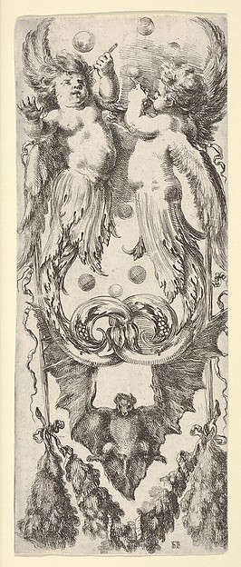 Two putti above, their legs ending in scrollwork, a bat below,  from 'Ornaments or Grotesques' (Ornamenti o Grottesche)
