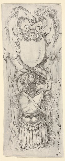 Vertical Panel with a Cartouche stacked on top of a Cuirass, from: 'Ornaments or Grotesques' (Ornamenti o Grottesche)