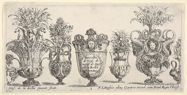 Seven vases, the vase in the middle decorated with the face of Medusa, Plate 1 from "Collection of Various Vases" (Raccolta di Vasi Diversi)