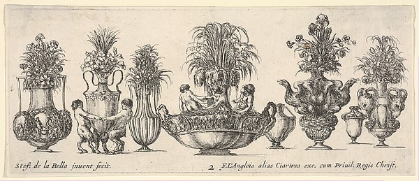 Eight vases, the largest one in the middle with three sculptures in the round of two nymphs and a triton, Plate 2 from: 'Collection of Various Vases' (Raccolta di Vasi Diversi)