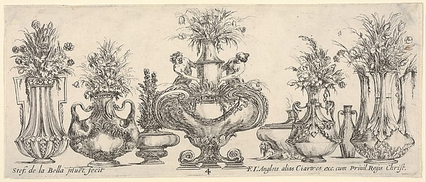 Eight vases, the largest one in center with sculptures of a nymph and a faun, Plate 4 from: 'Collection of Various Vases' (Raccolta di Vasi Diversi)