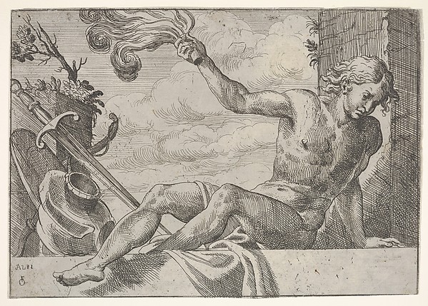 Mars, seated on a wall and holding a flame in his right hand, with armor below