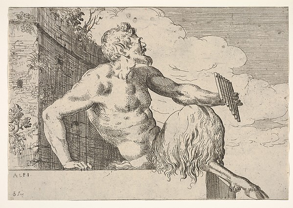 Seated Pan holding a pipe in his left hand