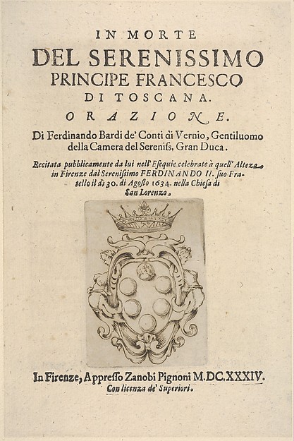 Title page 2: Medici coat of arms in bottom center, from "In Morte del Serenissimo Principe Francesco di Toscana, Orazione"
