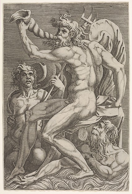 Seated Neptune holding a conch shell to his mouth, accompanied by a seated triton and another emerging from the water at bottom right