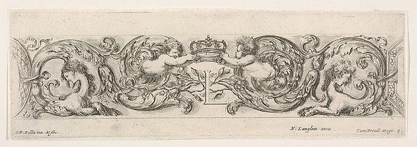 Design for a Frieze with Two Putti holding a crown over the letter, 'L' (for Louis XIV?), Plate 3 from: 'Decorative friezes and foliage' (Ornamenti di fregi e fogliami)
