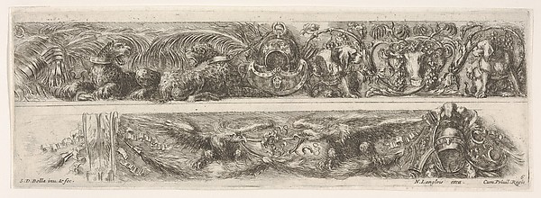 Two Designs for Friezes or Consoles characterized by Armorial Trophies, Plate 6 from: 'Decorative friezes and foliage' (Ornamenti di fregi e fogliami)