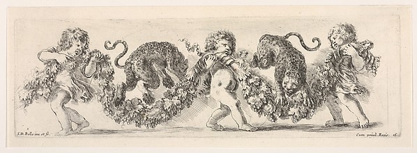 Design for a Frieze with Three Putti holding a Garland and Two Leopards jumping over it, Plate 16 from: 'Decorative friezes and foliage' (Ornamenti di fregi e fogliami)