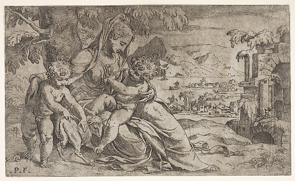 Seated Virgin and Child with Saint John the Baptist and a lamb on a hillside by Orazio Farinati