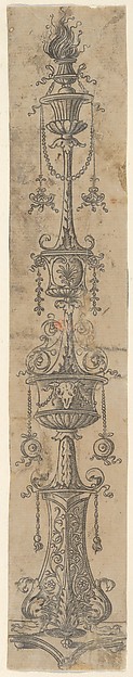 Decorative border panel with flaming candelabra ornamented with foliate designs, swags, and a cow's skull, from Life of the Virgin and Christ