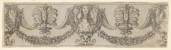 Fragment of a horizontal frieze with female bust in the center, garlands, anthemia, cut from a plate of border segments
