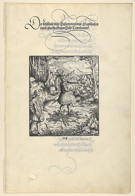 Theuerdank Walking on Swords, from [Theuerdank] Die geuerlicheiten vnd einsteils der geschichten des loblichen streytparen vnd hochberümbten helds vnd Ritters herr Tewrdannckhs