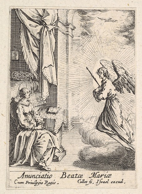 Annunciation, with angel approaching the seated Mary from the left, and the dove of the Holy Spirit above by Jacques Callot