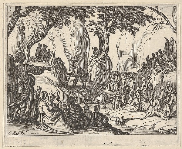 Saint John Preaching in the Desert (Saint Jean Préchant dans le Désert), with arm upraised, surrounded by male and female figures in a rocky setting by Jacques Callot