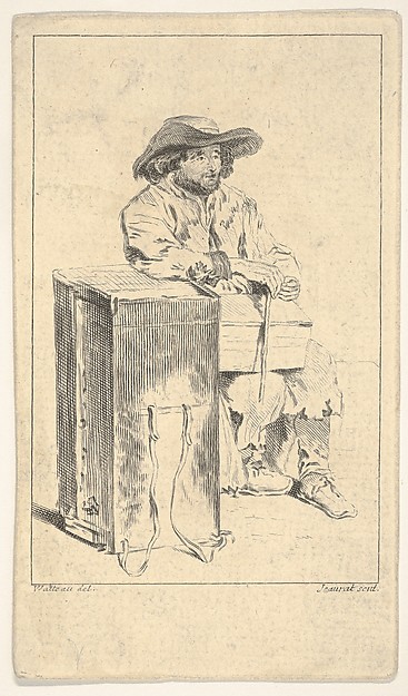 Seated man with box in his lap, he rests his right elbow on a taller box
