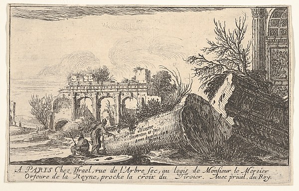 Frontispiece: a man reaches toward a fallen column, a seated man beside him, trees and ruins beyond, from the series 'Views of Italy' (Vues d'Italie)