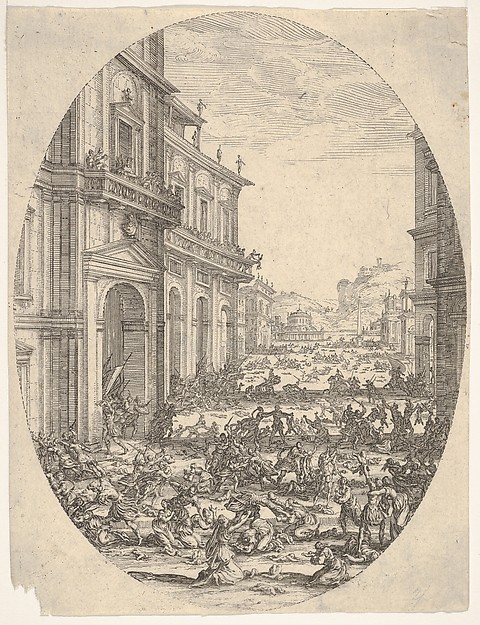 The Massacre of the Innocents, with architectural facades at left and right, an oval composition by Jacques Callot