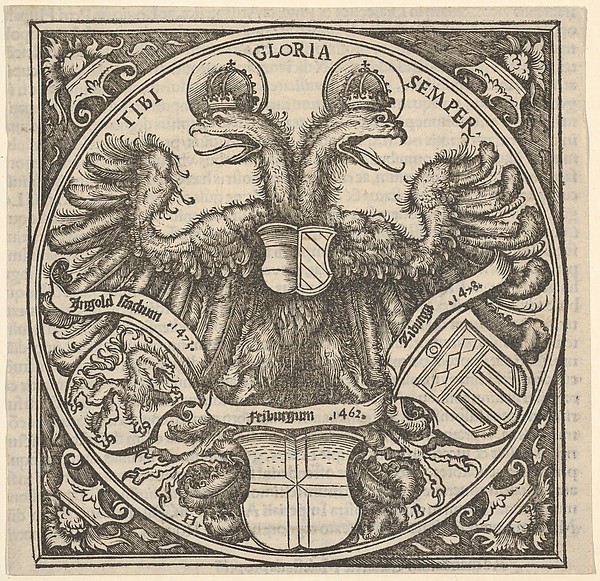 Imperial Double Eagle with the Coat of Arms of Ingolstadt, Freiburg, and Tübingen, from Joan. Eckii Theologi in summulas Petri Hispani extemporaria et succincta atque succosa explanatio p[ro] sup[er] ioris Germaniae scholasticis by Hans Burgkmair, The Metropolitan Museum of Art