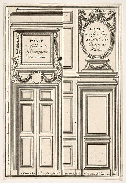 Two Designs for Doors, one at Versailles and one at the Hotel Cavois in Paris, plate II from the Series 'Portes a Placard et Lambris', published as part of 'L'Architecture à la Mode'