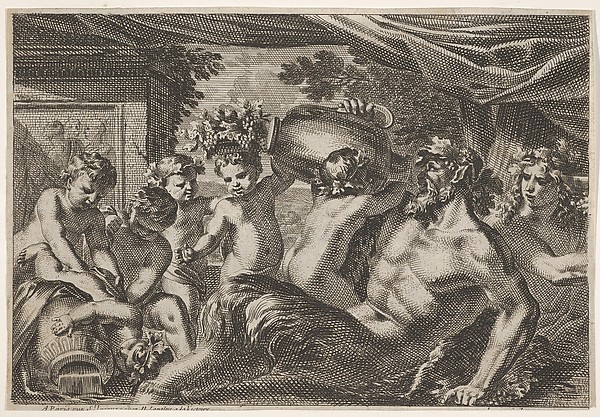 Design for a Panel with a Satyr Drinking from a Vase held up by a Putti, from: Feuillages et autres ornements