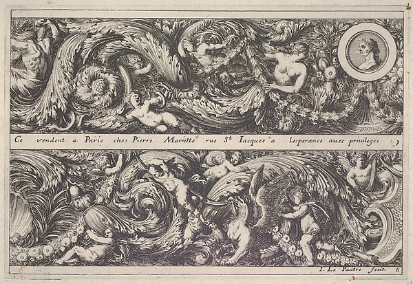 Two Designs for Friezes, of which one with a Round Portrait Medaillon, from: Frises, feuillages ou tritons marins antiques et modernes
