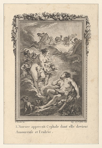 Vignette (Tome I.er, page 164, lib. II, fab. 15), depicting Cephalus and Aurora, from "Les Métamorphoses d'Ovide en Latin et en François de la traduction de M. l'Abbé Banier de l'Académie Royale des Inscriptions et Belles-Lettres. Avec des explications historiques. A Paris Chez Despilly rue saint Jacques à la croix d'or. MDCCLXVII. Avec Approbation et Privilège du Roi"