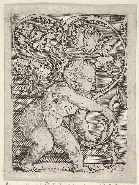 Vertical Panel with Cupid Holding the End of a Plant Sprouting Tendrils