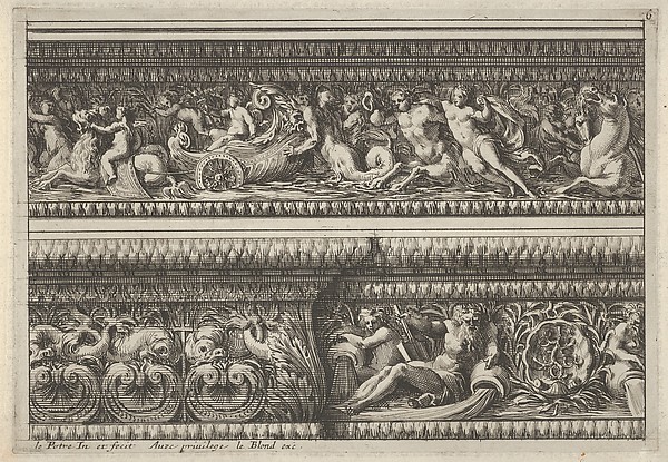 Two decorated Frieze Designs for Cornices, from "Frise pour les architraves, corniches et autres ornaments d'architecture"