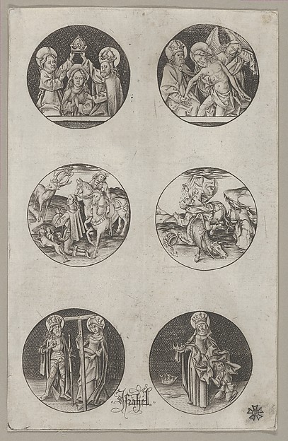 Six Roundel Patterns for a Goldsmith: the Coronation of the Virgin, God the Father with the Body of Christ, St. Eustace or St. Hubert, the Conversion of St. Paul, Charlemagne and St. Helen, and St. Elizabeth by Israhel van Meckenem
