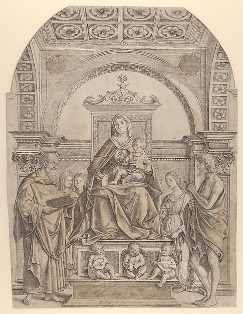 The Virgin and Child enthroned surrounded by saints and angels by Girolamo Mocetto