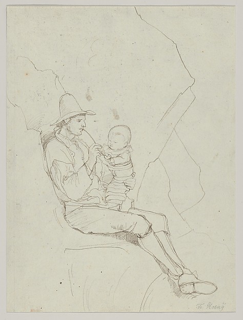 A Seated Italian Shepherd with a Small Child on his lap; verso: A Southern Landscape with a Woman Carrying a Jar on her Head by Franz Theobald Horny, The Metropolitan Museum of Art