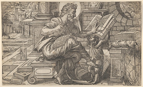 Saint Matthew seated and reading from a book held by a putto, set within a fanciful architectural backdrop, from a series of woodcuts of the Four Evangelists, copy after Rue Montorgueil woodcut by Anthony van Leest