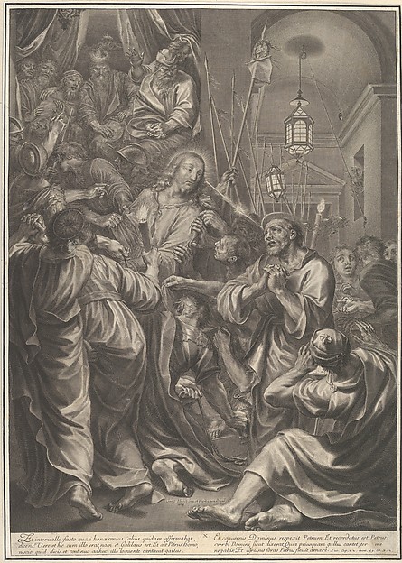 Christ Before Caiaphas looks to St. Peter, who Denies Him, from The Passion of Christ, plate 9 by Grégoire Huret