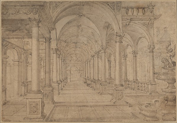 Architectural Capriccio with an Arcade and Fountain in Point Perspective [Study for a Painting of John the Baptist before Herod] by Hans Vredeman de Vries