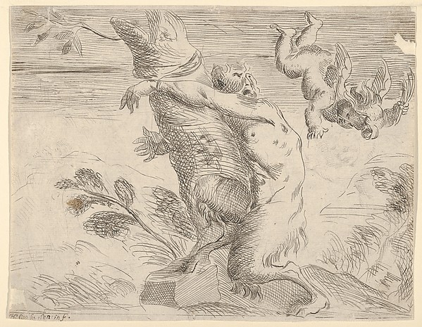 Winged putto whipping a satyr