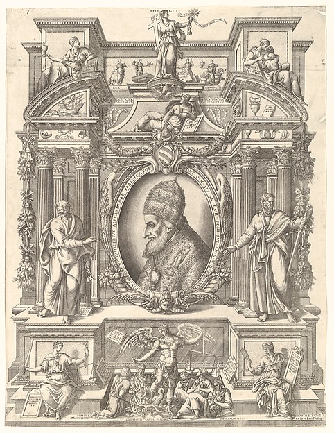 Bust portrait of Pope Pius V in profile facing left set within an elaborate architectural structure upon which sit allegorical figures including Faith, Charity and Religion above and Justice and Prudence below who flank St Michael