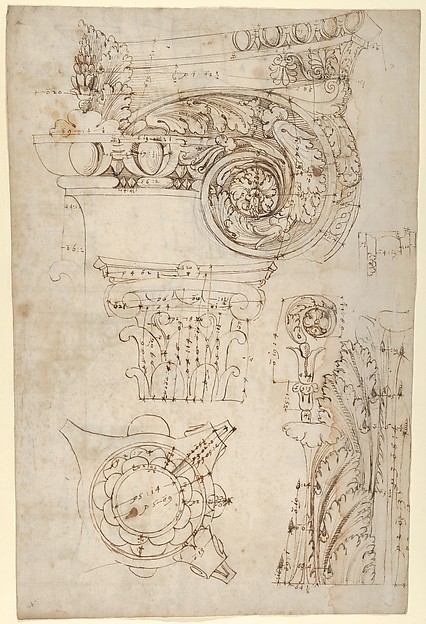 Composite capital, plan, elevation, and details; frieze, detail (recto) Forum of Nerva, entablature and attic, profiles; portico, perspective, and cornice, profile (verso)