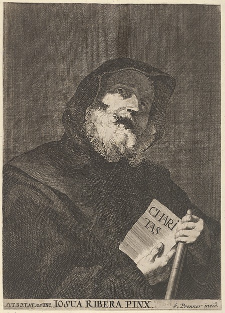 Saint dressed in a hooded cloak, holding  book with the inscription "CHARITAS"  from a portfolio of reproductions of the Imperial Gallery of Paintings in Vienna; plate 41 of the series