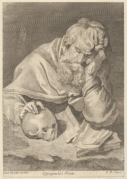 A saint seated at a table with his right hand resting on a skull, from a portfolio of reproductions of the Imperial Gallery of Paintings in Vienna; plate 33 of the series
