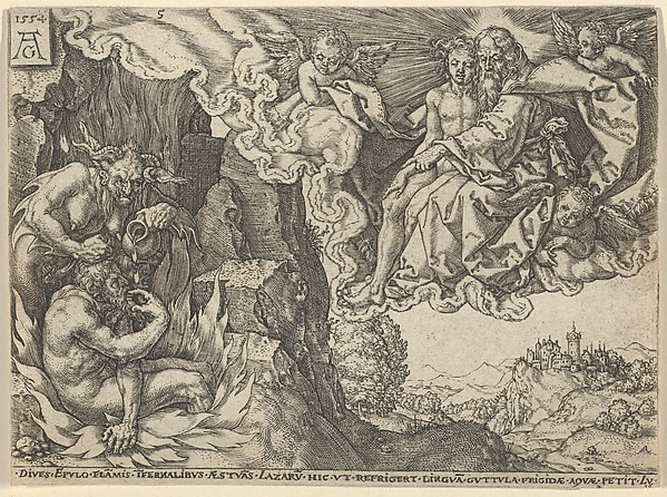 The Rich Man in Hell, Seeing Lazarus Embraced by Abraham, from "The Parable of the Rich Man and Lazarus" by Heinrich Aldegrever