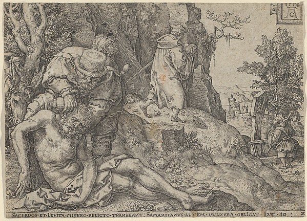 The Good Samaritan Tending the Traveller's Wounds with Oil and Wine or The Priest and the Levite Passing, from "The Parable of the Good Samaritan" by Heinrich Aldegrever