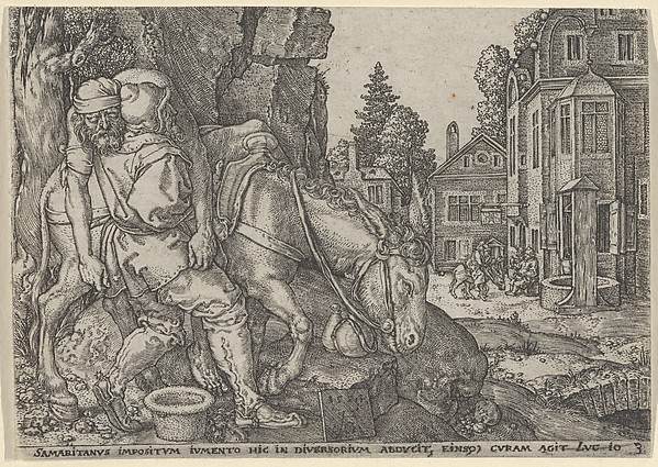 The Good Samaritan Putting the Traveller on His Donkey, from "The Parable of the Good Samaritan" by Heinrich Aldegrever